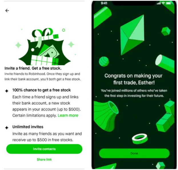 Screenshots from the Robinhood app. The screenshot on the left says, "Invite a friend and get free stock." The one on the right says, "Congrats on your first trade."